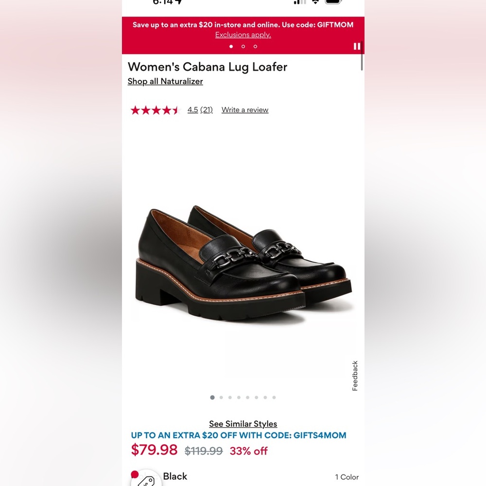 Naturalizer Black Cabana Lug Loafer with Chain Detail